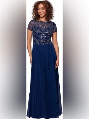 NWT XSCAPE “Jerri” Navy Beaded Evening Dress MOB MOG